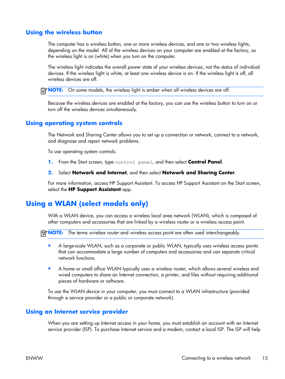 Using the wireless button, Using operating system controls, Using a wlan (select models only) | Using an internet service provider | HP EliteBook Folio 1040 G1 Notebook PC User Manual | Page 25 / 101