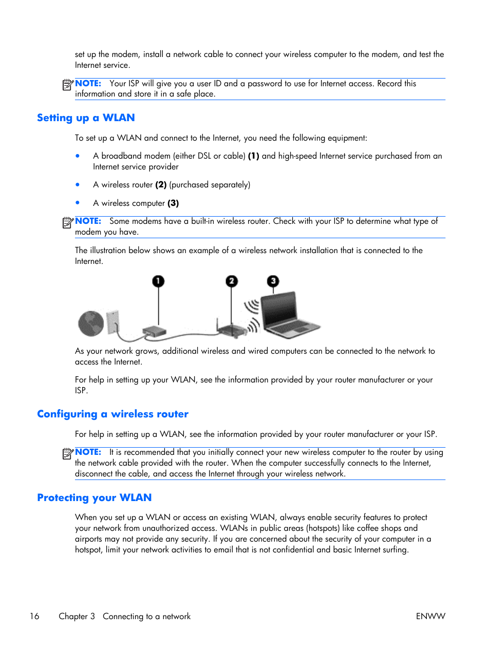 Setting up a wlan, Configuring a wireless router, Protecting your wlan | HP EliteBook Folio 1040 G1 Notebook PC User Manual | Page 26 / 101