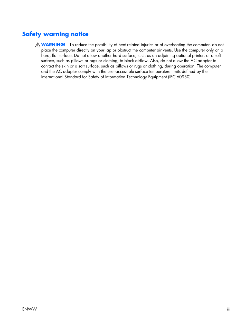 Safety warning notice | HP EliteBook Folio 1040 G1 Notebook PC User Manual | Page 3 / 101