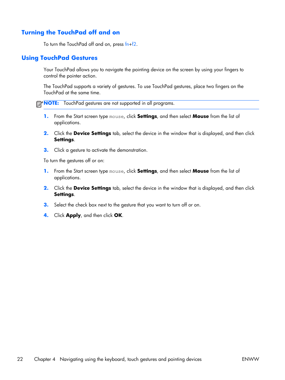 Turning the touchpad off and on, Using touchpad gestures | HP EliteBook Folio 1040 G1 Notebook PC User Manual | Page 32 / 101