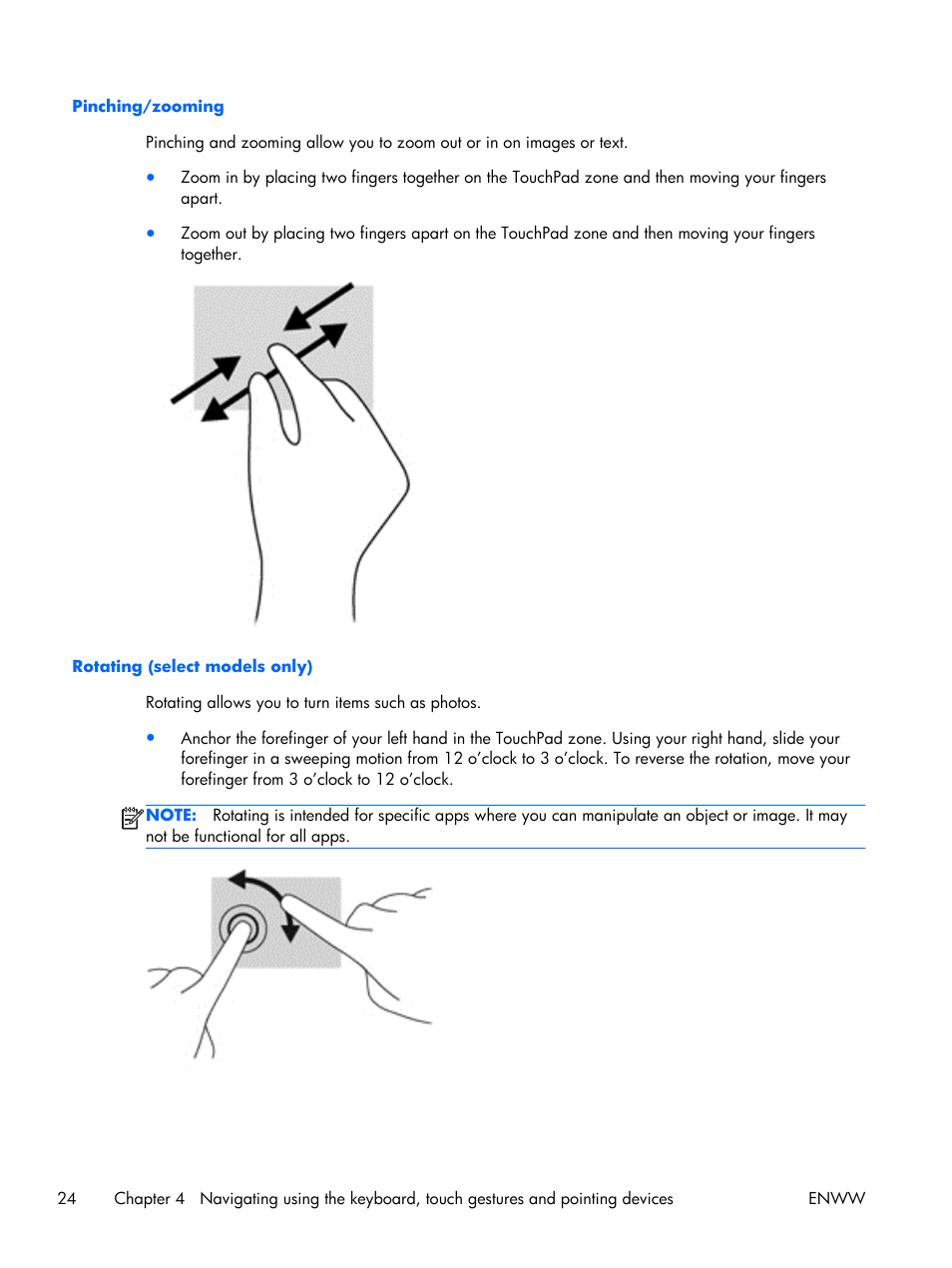 Pinching/zooming, Rotating (select models only), Pinching/zooming rotating (select models only) | HP EliteBook Folio 1040 G1 Notebook PC User Manual | Page 34 / 101