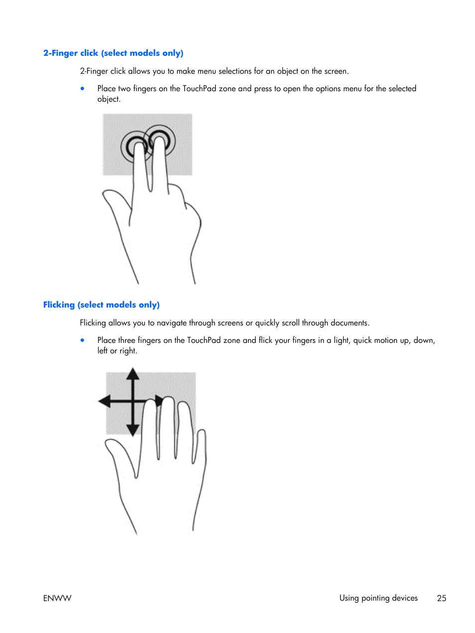 Finger click (select models only), Flicking (select models only) | HP EliteBook Folio 1040 G1 Notebook PC User Manual | Page 35 / 101