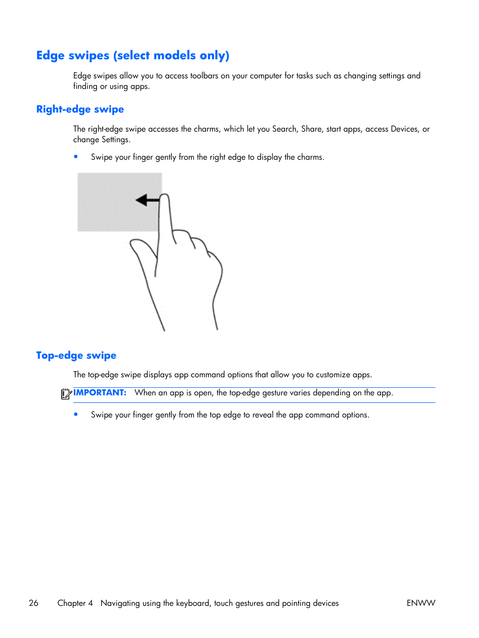 Edge swipes (select models only), Right-edge swipe, Top-edge swipe | Right-edge swipe top-edge swipe | HP EliteBook Folio 1040 G1 Notebook PC User Manual | Page 36 / 101