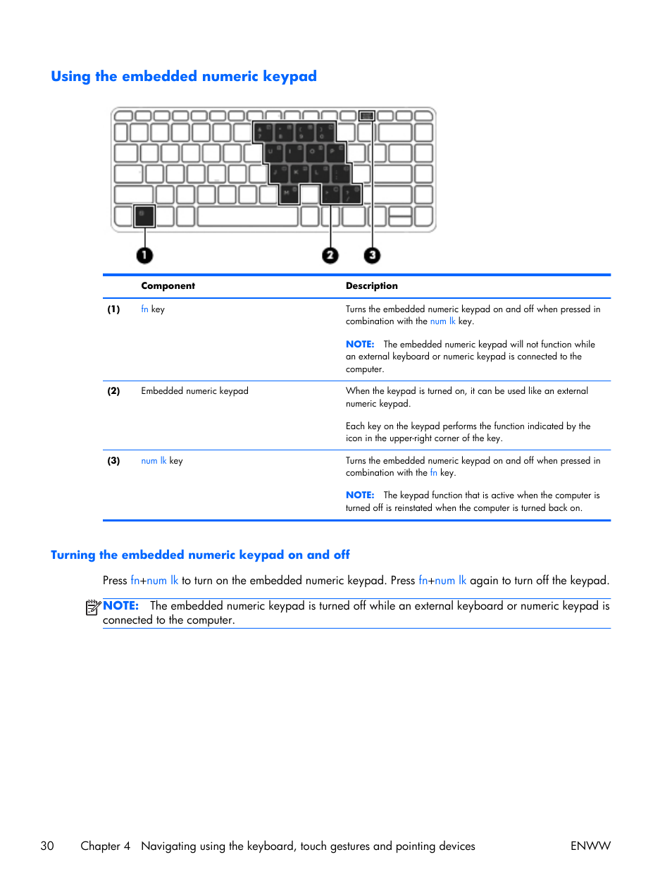 Using the embedded numeric keypad, Turning the embedded numeric keypad on and off | HP EliteBook Folio 1040 G1 Notebook PC User Manual | Page 40 / 101