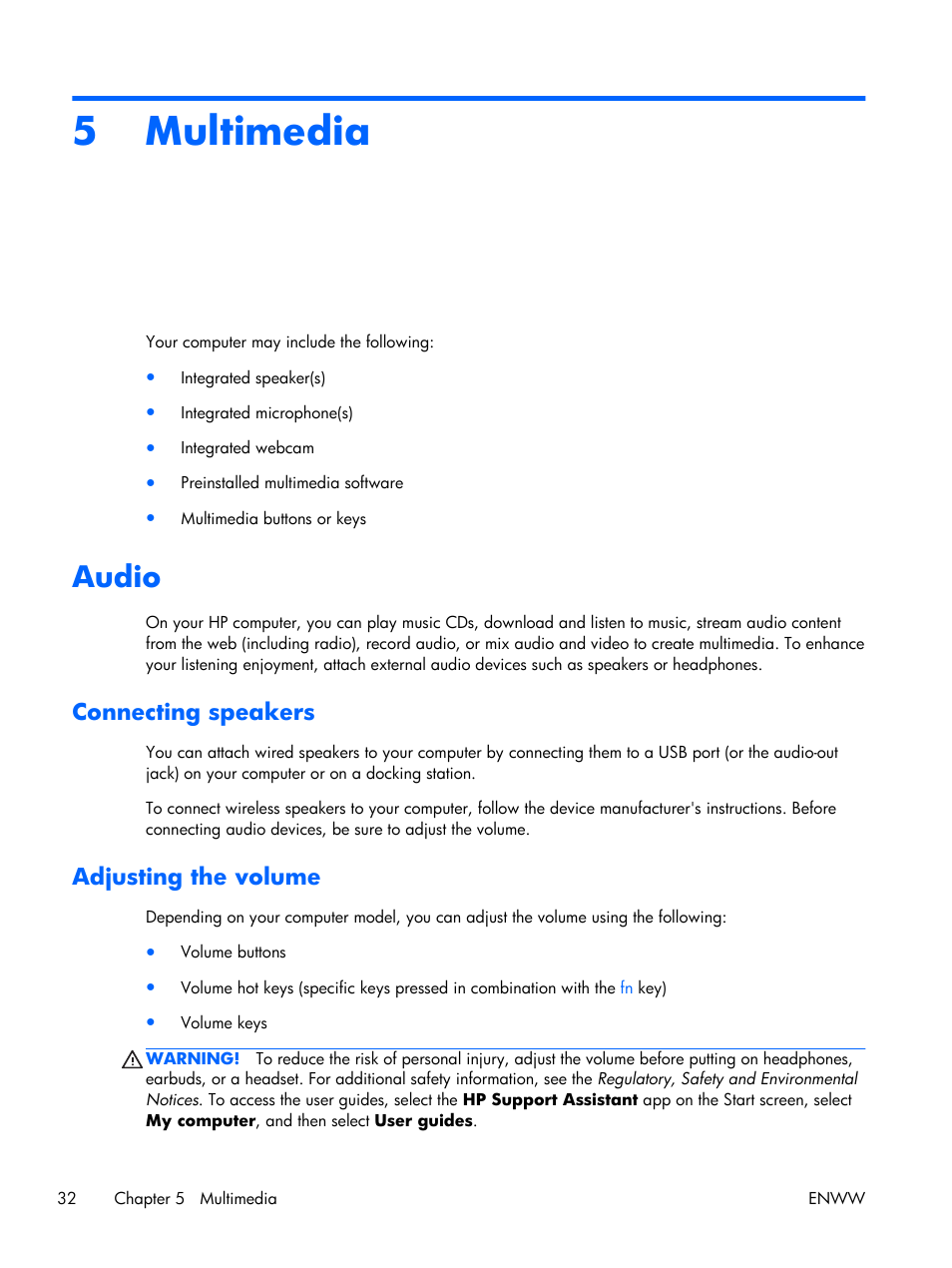 Multimedia, Audio, Connecting speakers | Adjusting the volume, 5 multimedia, Connecting speakers adjusting the volume | HP EliteBook Folio 1040 G1 Notebook PC User Manual | Page 42 / 101
