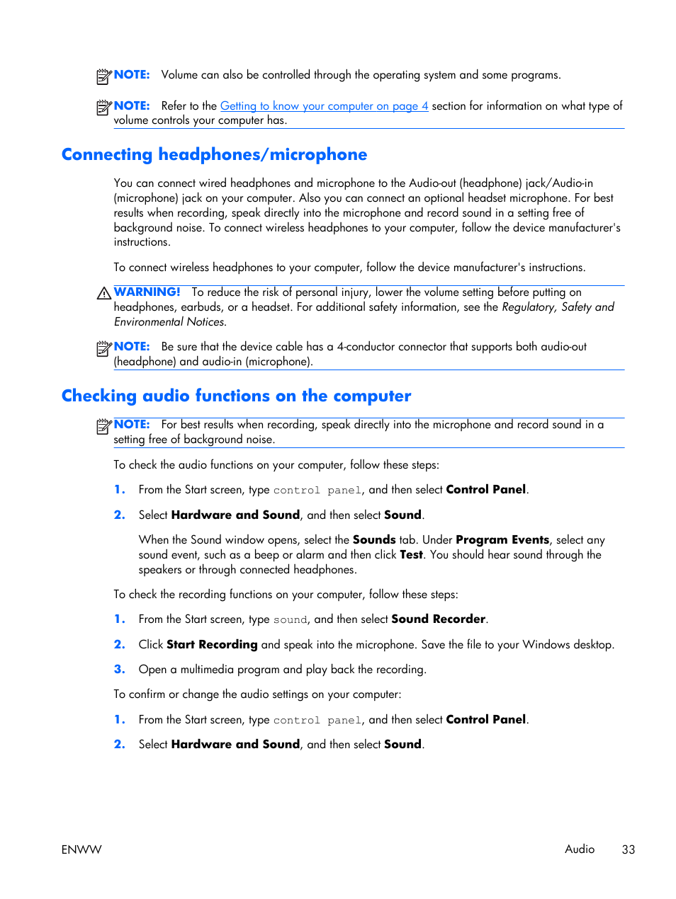 Connecting headphones/microphone, Checking audio functions on the computer | HP EliteBook Folio 1040 G1 Notebook PC User Manual | Page 43 / 101