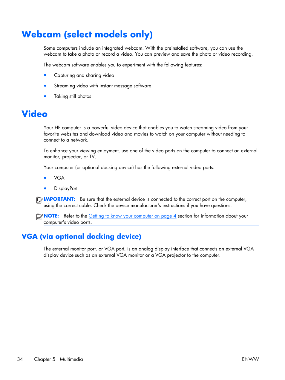 Webcam (select models only), Video, Vga (via optional docking device) | Webcam (select models only) video | HP EliteBook Folio 1040 G1 Notebook PC User Manual | Page 44 / 101