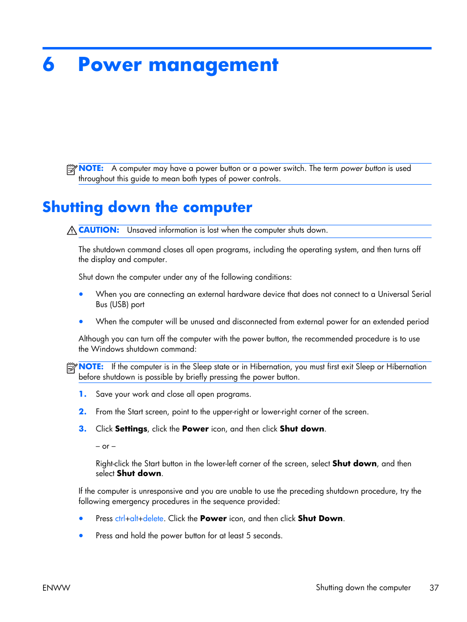 Power management, Shutting down the computer, 6 power management | HP EliteBook Folio 1040 G1 Notebook PC User Manual | Page 47 / 101