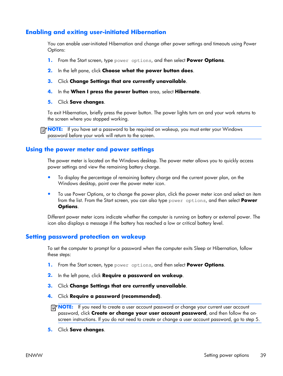 Enabling and exiting user-initiated hibernation, Using the power meter and power settings, Setting password protection on wakeup | HP EliteBook Folio 1040 G1 Notebook PC User Manual | Page 49 / 101