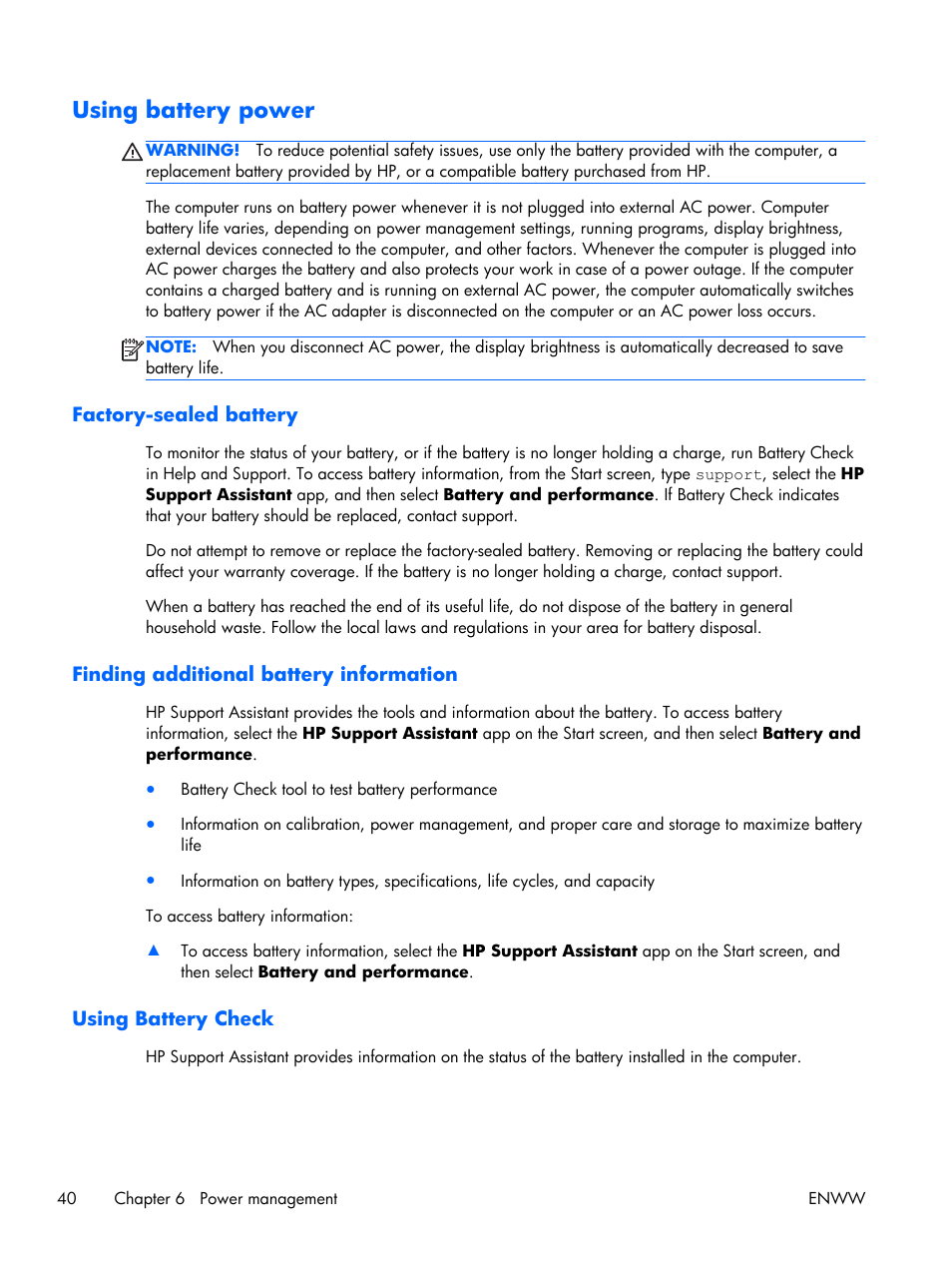 Using battery power, Factory-sealed battery, Finding additional battery information | Using battery check | HP EliteBook Folio 1040 G1 Notebook PC User Manual | Page 50 / 101