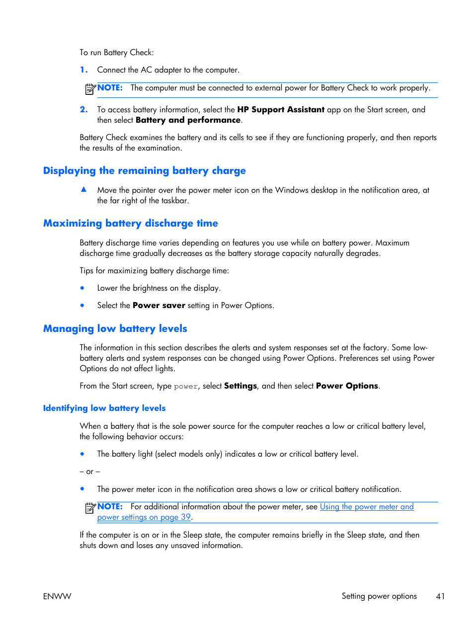 Displaying the remaining battery charge, Maximizing battery discharge time, Managing low battery levels | Identifying low battery levels | HP EliteBook Folio 1040 G1 Notebook PC User Manual | Page 51 / 101