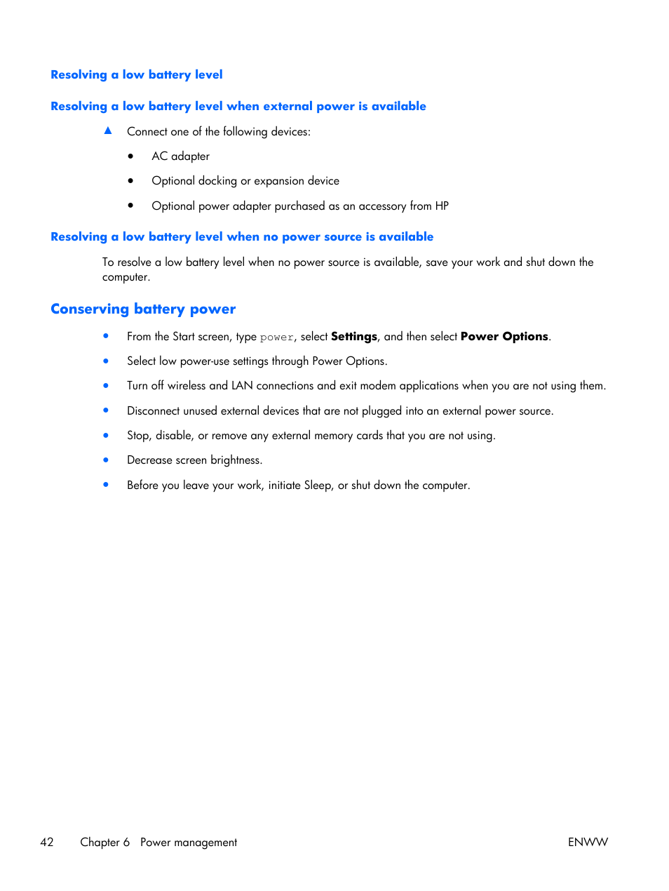 Resolving a low battery level, Conserving battery power | HP EliteBook Folio 1040 G1 Notebook PC User Manual | Page 52 / 101