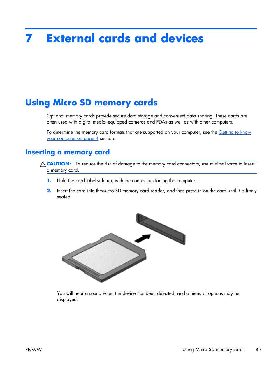 External cards and devices, Using micro sd memory cards, Inserting a memory card | 7 external cards and devices | HP EliteBook Folio 1040 G1 Notebook PC User Manual | Page 53 / 101