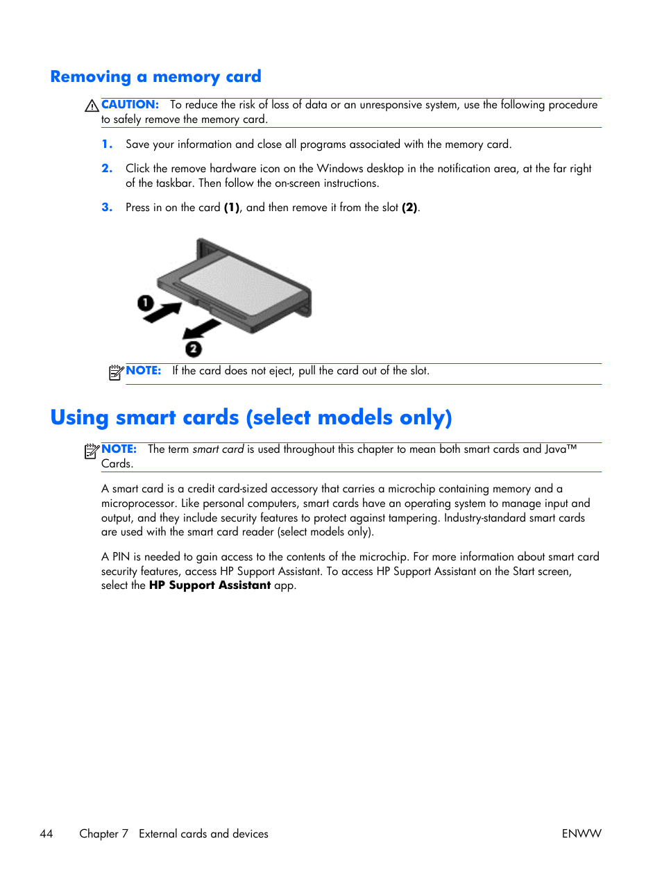 Removing a memory card, Using smart cards (select models only) | HP EliteBook Folio 1040 G1 Notebook PC User Manual | Page 54 / 101