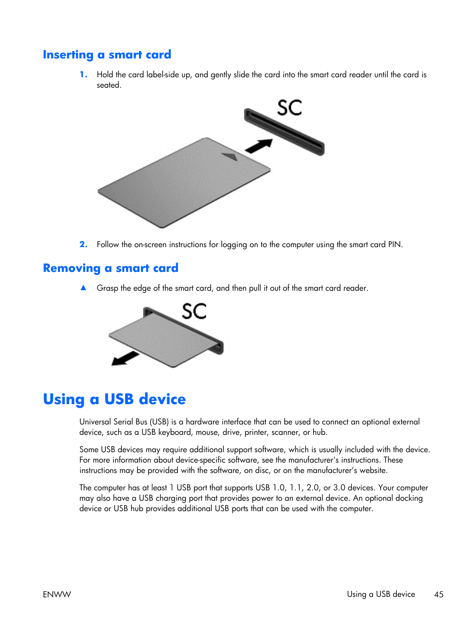 Inserting a smart card, Removing a smart card, Using a usb device | Inserting a smart card removing a smart card | HP EliteBook Folio 1040 G1 Notebook PC User Manual | Page 55 / 101