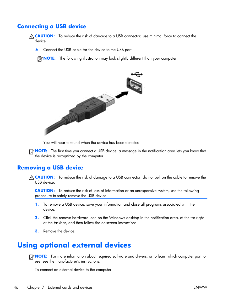 Connecting a usb device, Removing a usb device, Using optional external devices | Connecting a usb device removing a usb device | HP EliteBook Folio 1040 G1 Notebook PC User Manual | Page 56 / 101