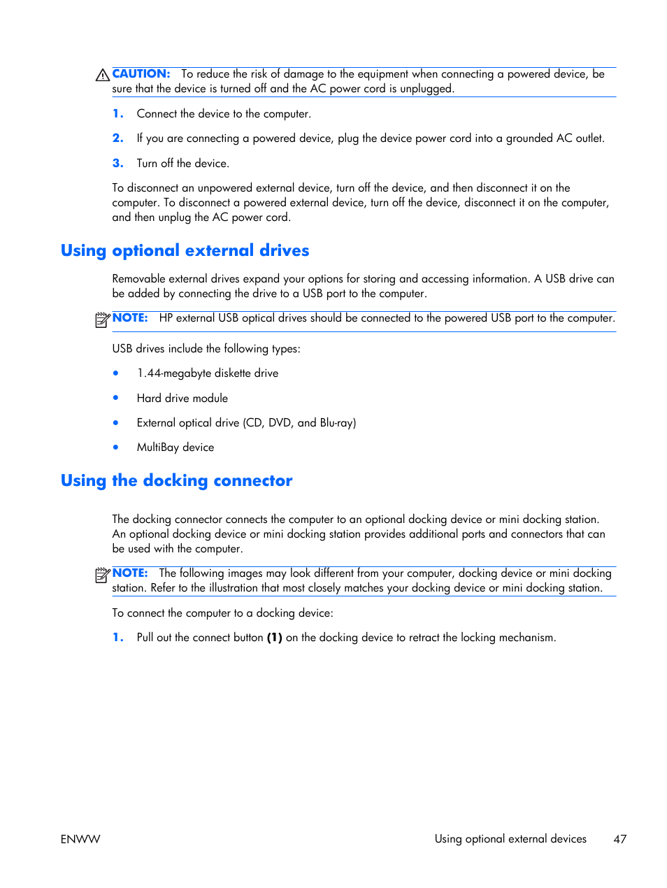 Using optional external drives, Using the docking connector | HP EliteBook Folio 1040 G1 Notebook PC User Manual | Page 57 / 101