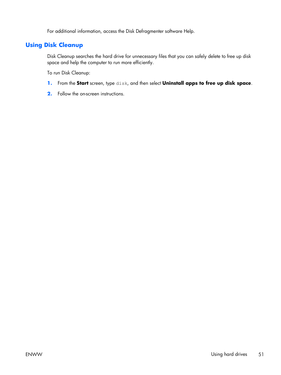Using disk cleanup | HP EliteBook Folio 1040 G1 Notebook PC User Manual | Page 61 / 101
