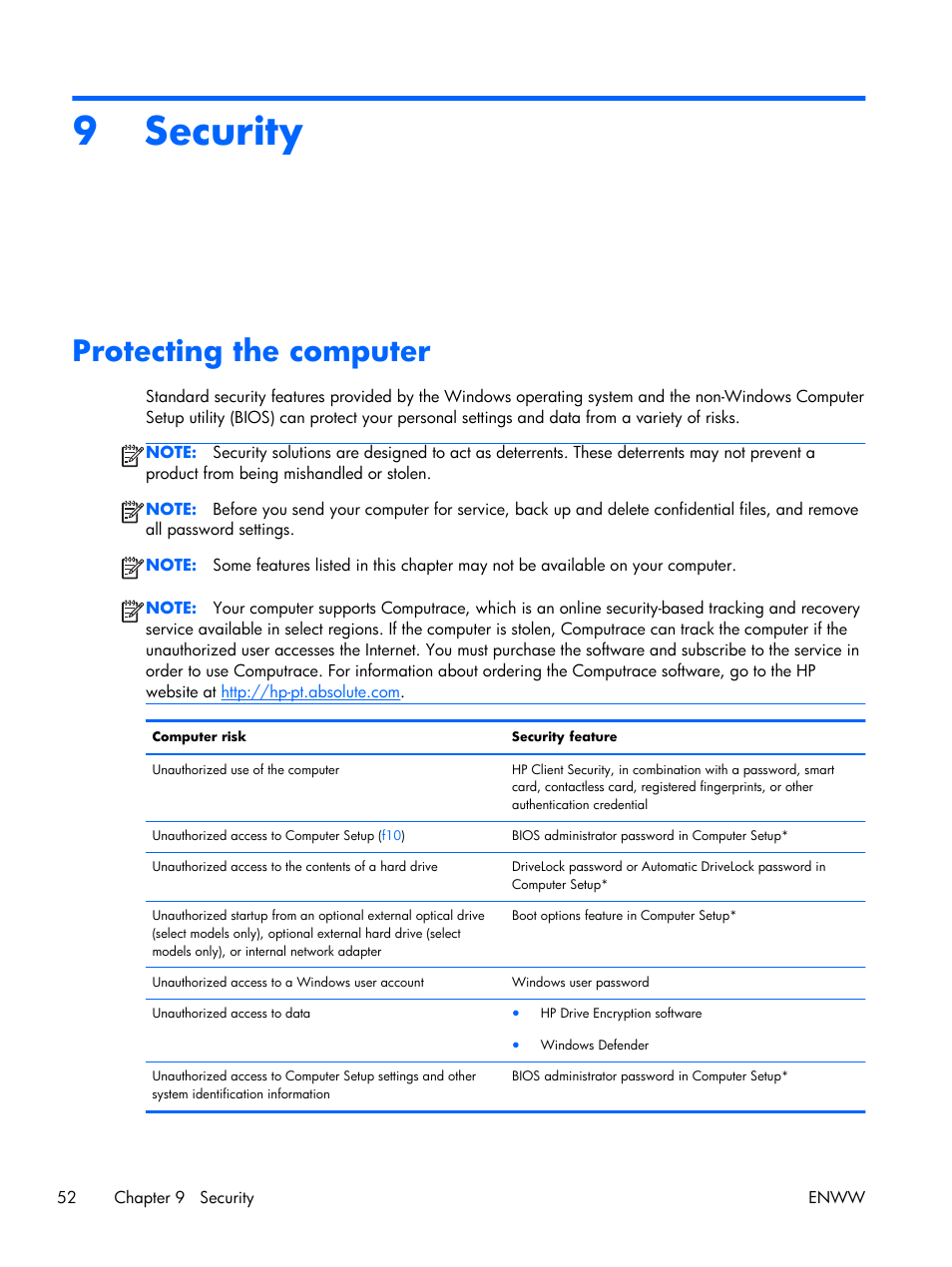 Security, Protecting the computer, 9 security | HP EliteBook Folio 1040 G1 Notebook PC User Manual | Page 62 / 101