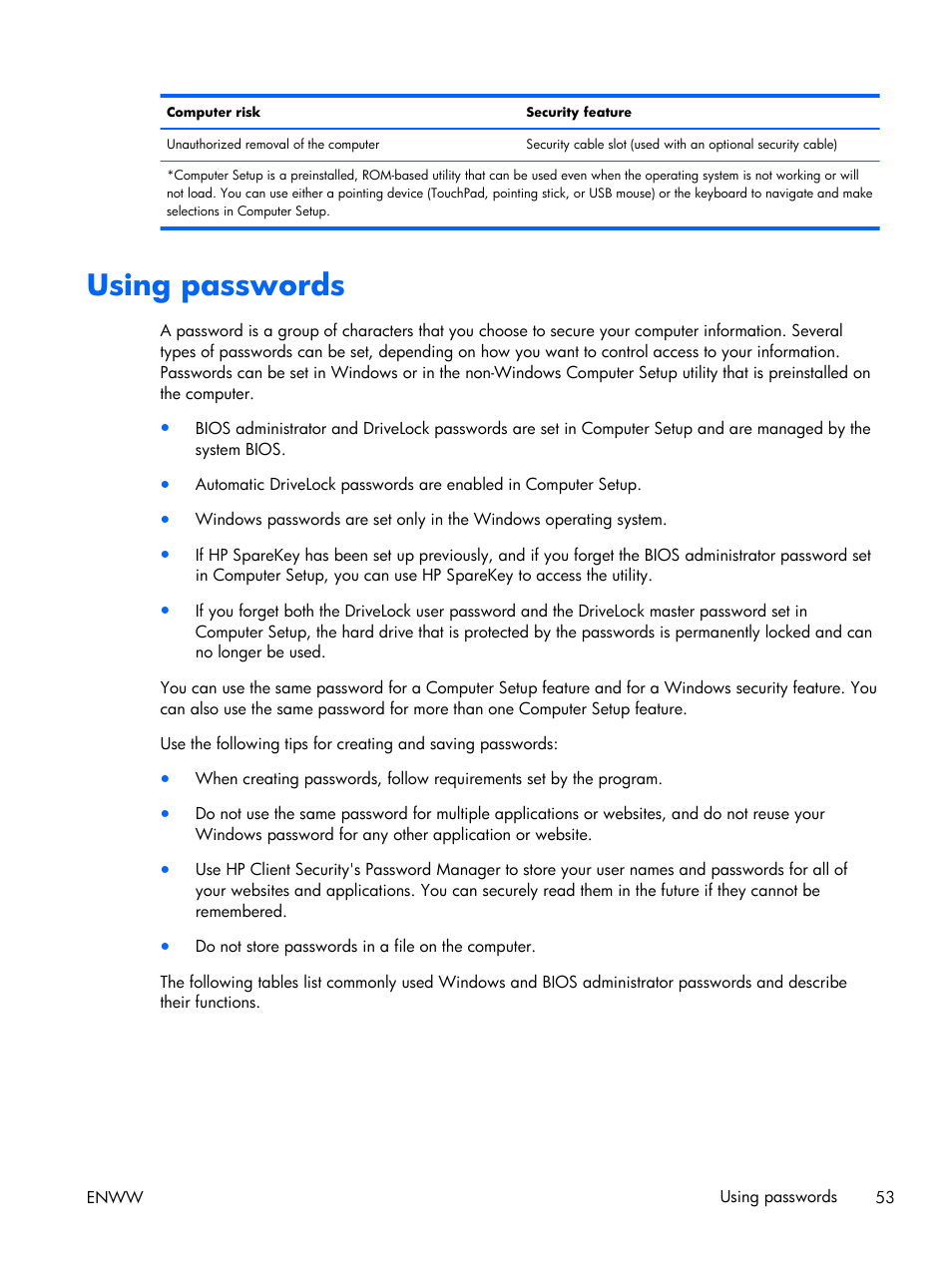 Using passwords | HP EliteBook Folio 1040 G1 Notebook PC User Manual | Page 63 / 101