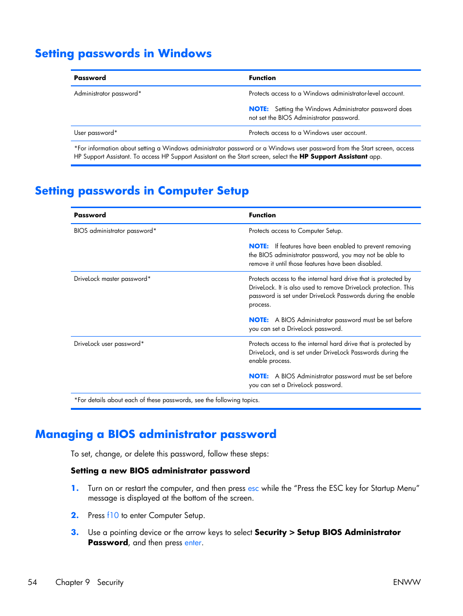 Setting passwords in windows, Setting passwords in computer setup, Managing a bios administrator password | HP EliteBook Folio 1040 G1 Notebook PC User Manual | Page 64 / 101