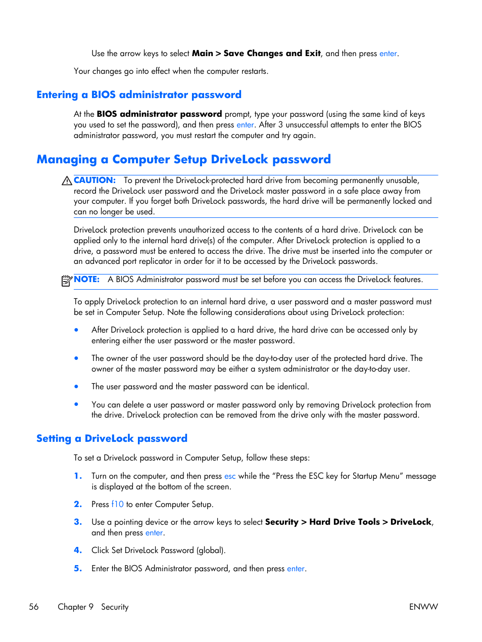 Entering a bios administrator password, Managing a computer setup drivelock password, Setting a drivelock password | HP EliteBook Folio 1040 G1 Notebook PC User Manual | Page 66 / 101