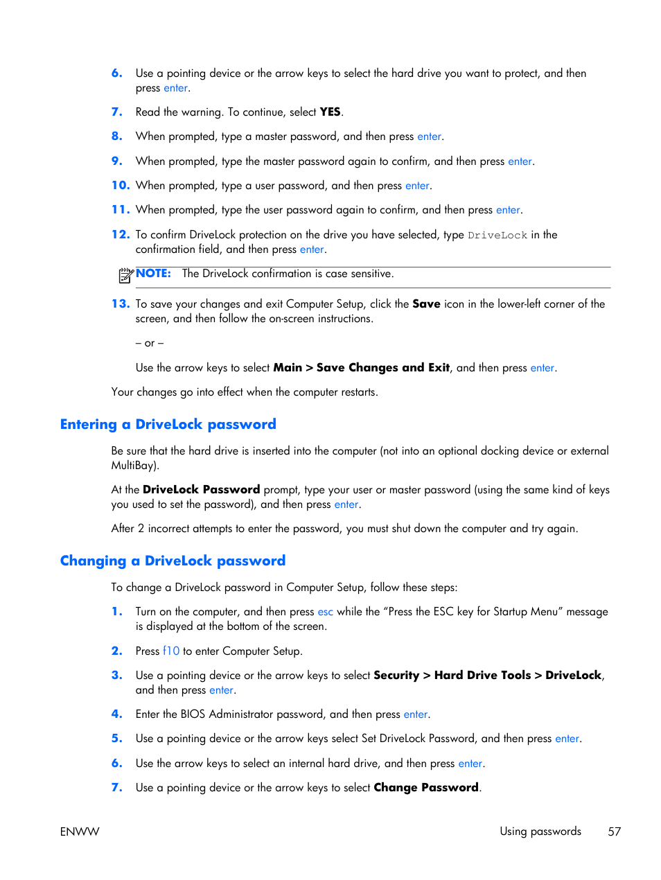 Entering a drivelock password, Changing a drivelock password | HP EliteBook Folio 1040 G1 Notebook PC User Manual | Page 67 / 101