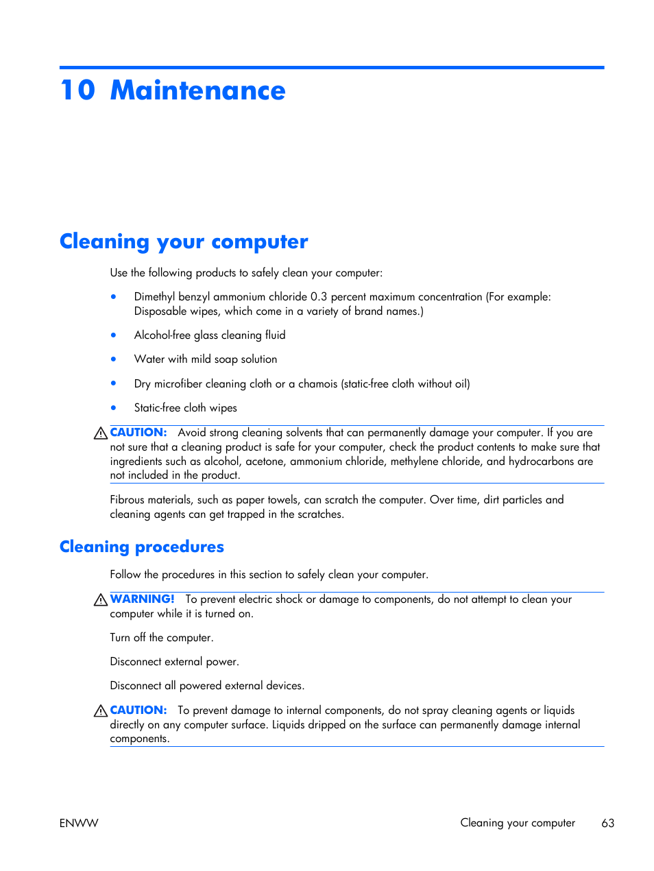 Maintenance, Cleaning your computer, Cleaning procedures | 10 maintenance | HP EliteBook Folio 1040 G1 Notebook PC User Manual | Page 73 / 101