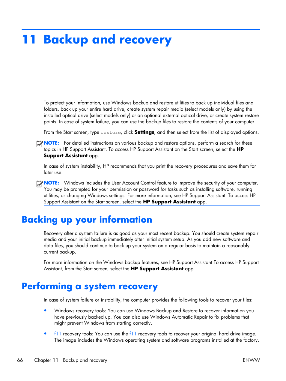 Backup and recovery, Backing up your information, Performing a system recovery | 11 backup and recovery, Backup and | HP EliteBook Folio 1040 G1 Notebook PC User Manual | Page 76 / 101