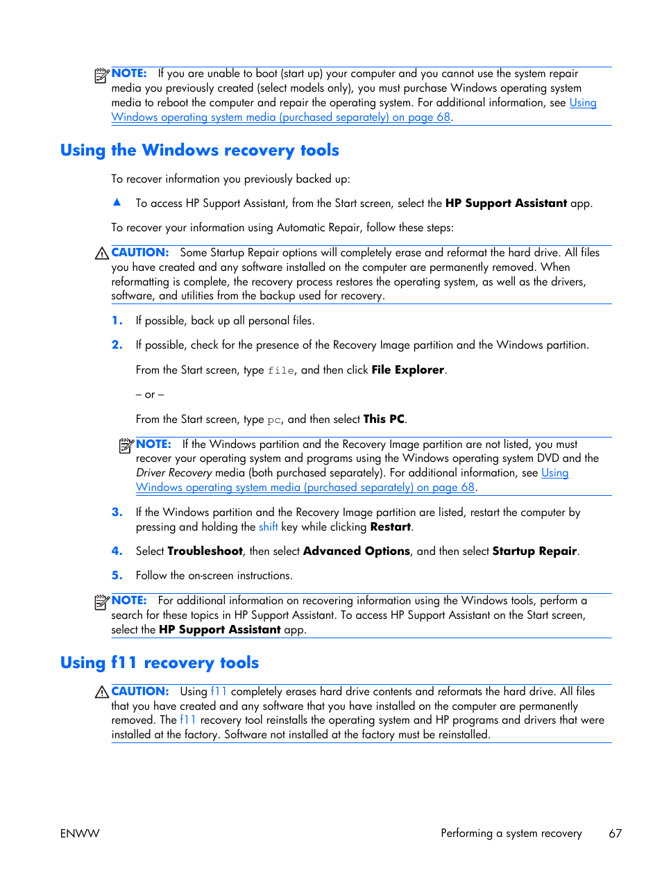 Using the windows recovery tools, Using f11 recovery tools | HP EliteBook Folio 1040 G1 Notebook PC User Manual | Page 77 / 101