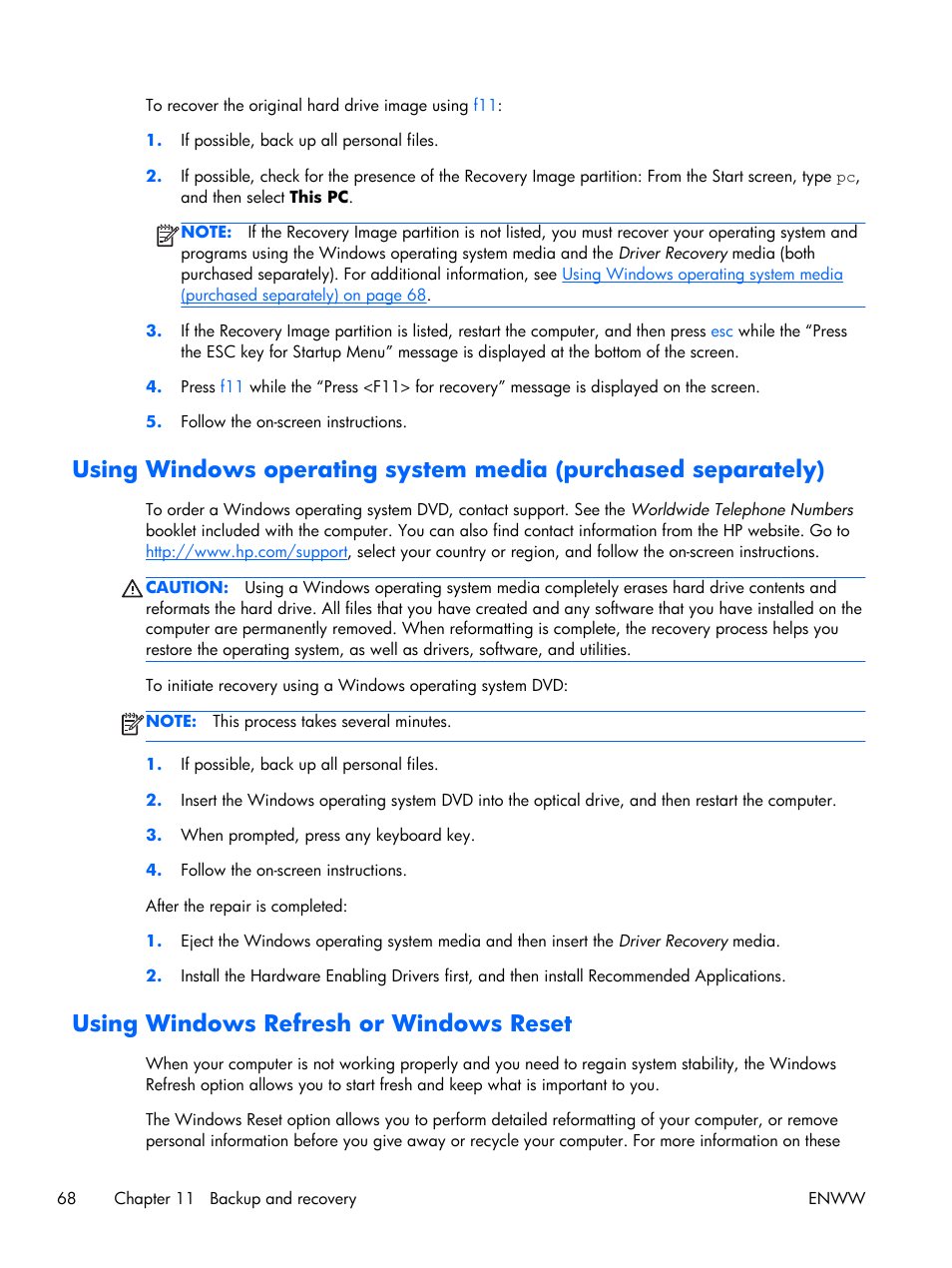 Using windows refresh or windows reset, Using | HP EliteBook Folio 1040 G1 Notebook PC User Manual | Page 78 / 101