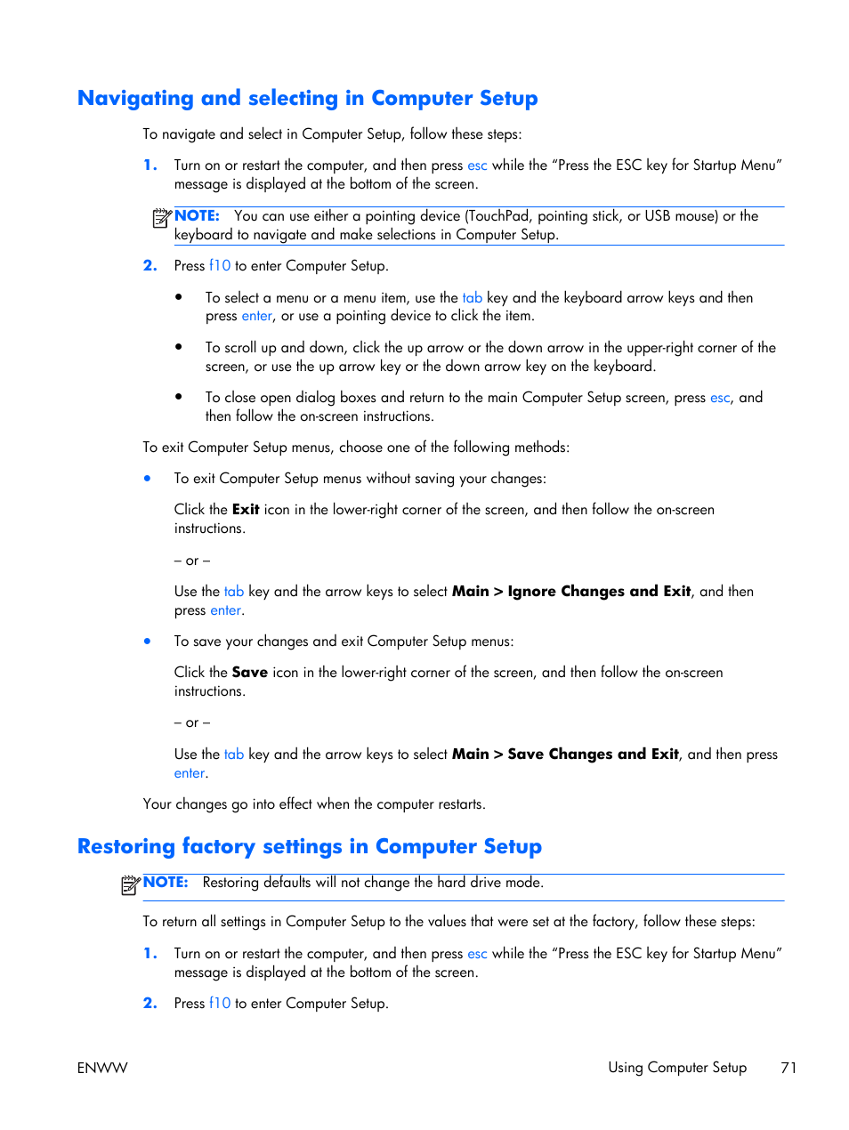 Navigating and selecting in computer setup, Restoring factory settings in computer setup | HP EliteBook Folio 1040 G1 Notebook PC User Manual | Page 81 / 101