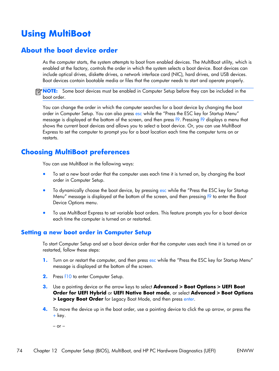 Using multiboot, About the boot device order, Choosing multiboot preferences | Setting a new boot order in computer setup | HP EliteBook Folio 1040 G1 Notebook PC User Manual | Page 84 / 101