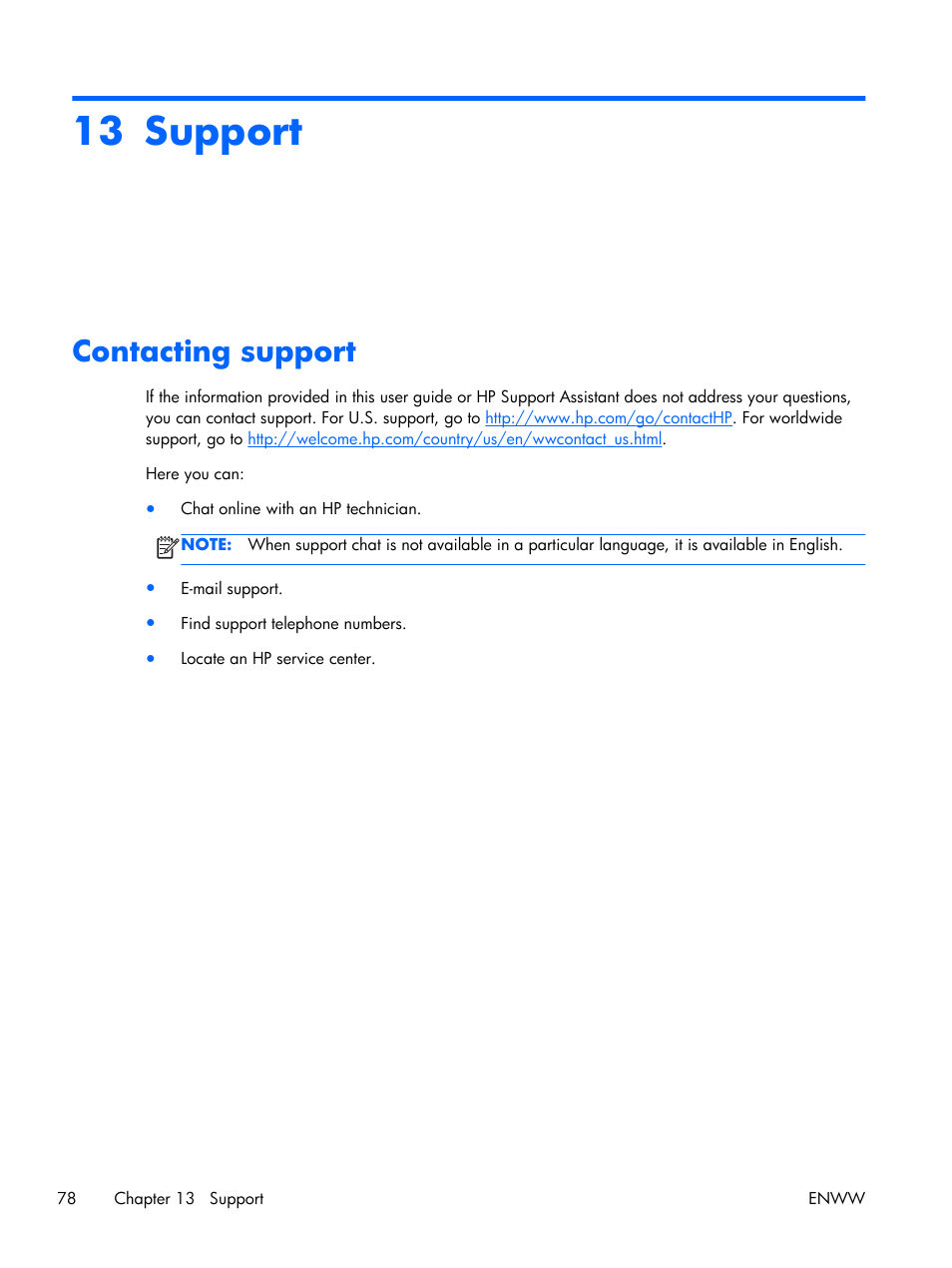 Support, Contacting support, 13 support | HP EliteBook Folio 1040 G1 Notebook PC User Manual | Page 88 / 101