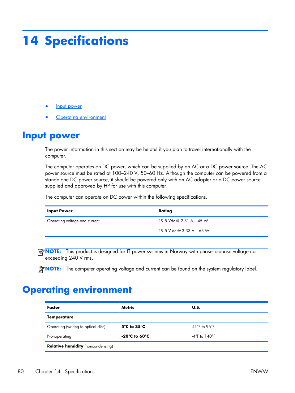 Specifications, Input power, Operating environment | 14 specifications, Input power operating environment | HP EliteBook Folio 1040 G1 Notebook PC User Manual | Page 90 / 101