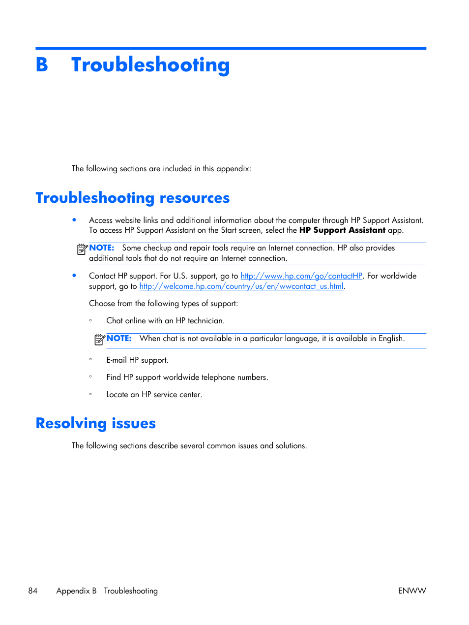 Troubleshooting, Troubleshooting resources, Resolving issues | Appendix b troubleshooting, Troubleshooting resources resolving issues, B troubleshooting | HP EliteBook Folio 1040 G1 Notebook PC User Manual | Page 94 / 101