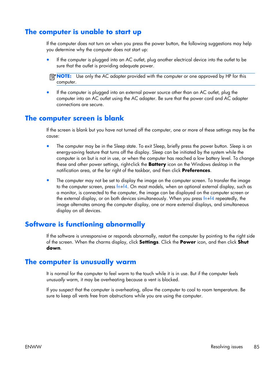 The computer is unable to start up, The computer screen is blank, Software is functioning abnormally | The computer is unusually warm | HP EliteBook Folio 1040 G1 Notebook PC User Manual | Page 95 / 101