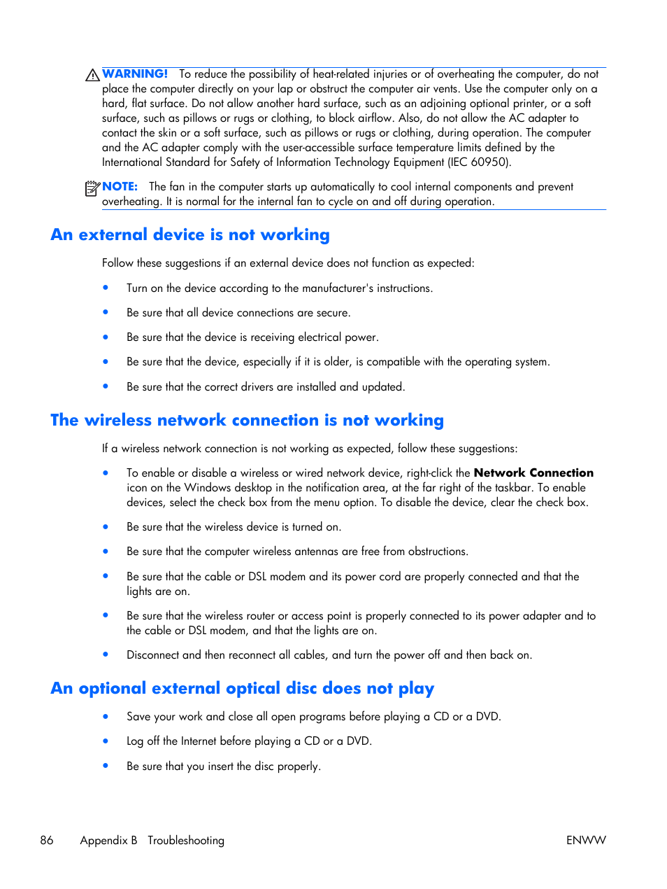 An external device is not working, The wireless network connection is not working, An optional external optical disc does not play | HP EliteBook Folio 1040 G1 Notebook PC User Manual | Page 96 / 101