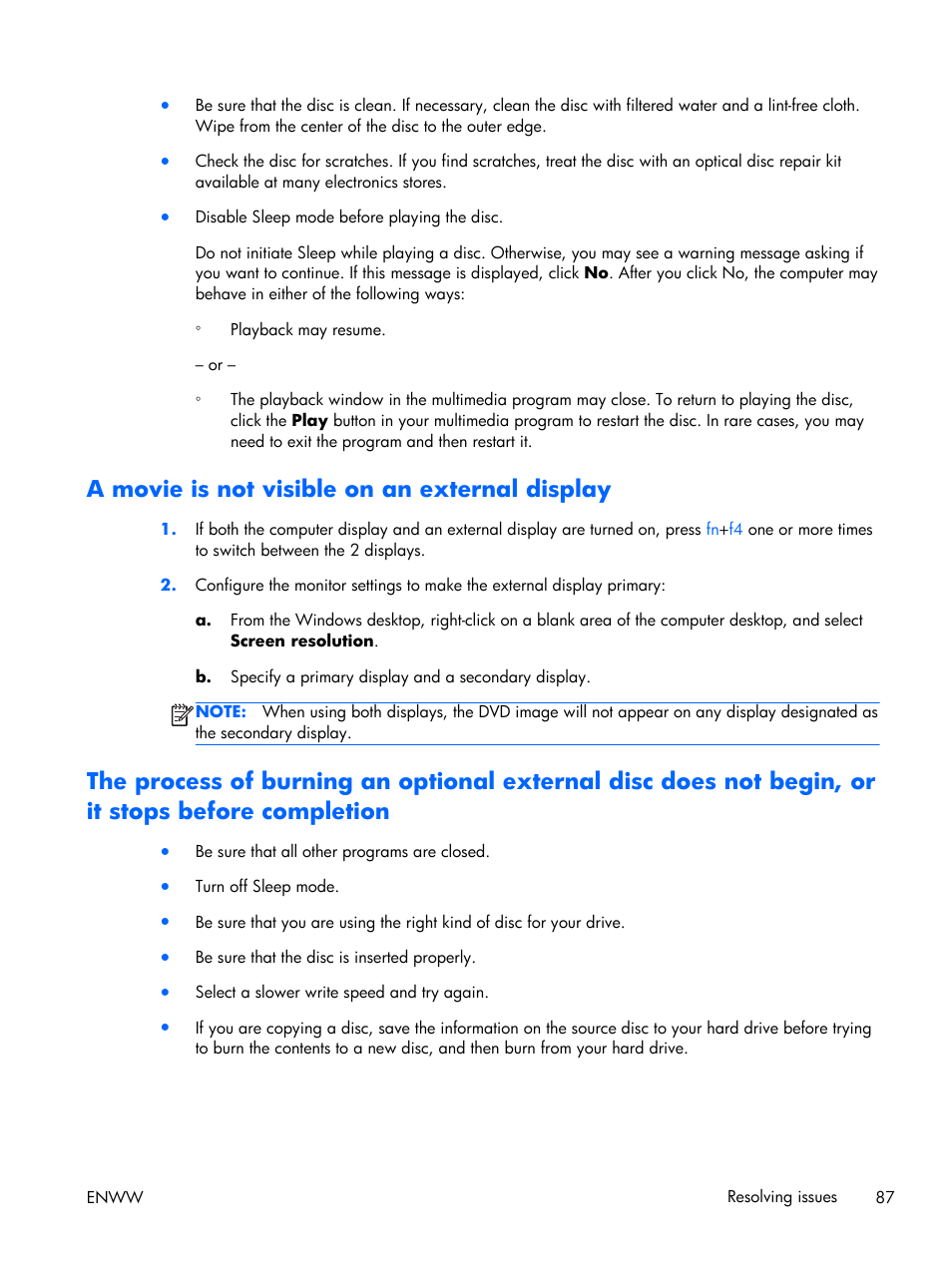 A movie is not visible on an external display | HP EliteBook Folio 1040 G1 Notebook PC User Manual | Page 97 / 101