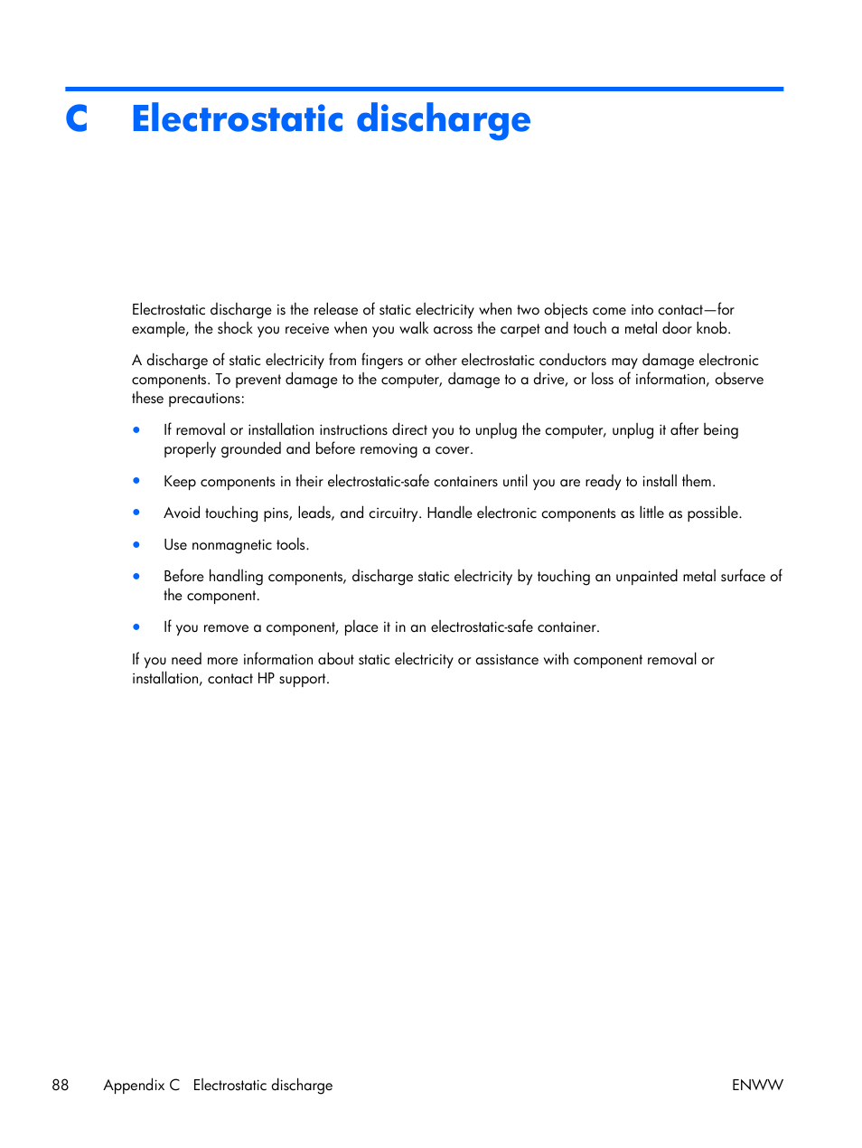 Electrostatic discharge, C electrostatic discharge | HP EliteBook Folio 1040 G1 Notebook PC User Manual | Page 98 / 101