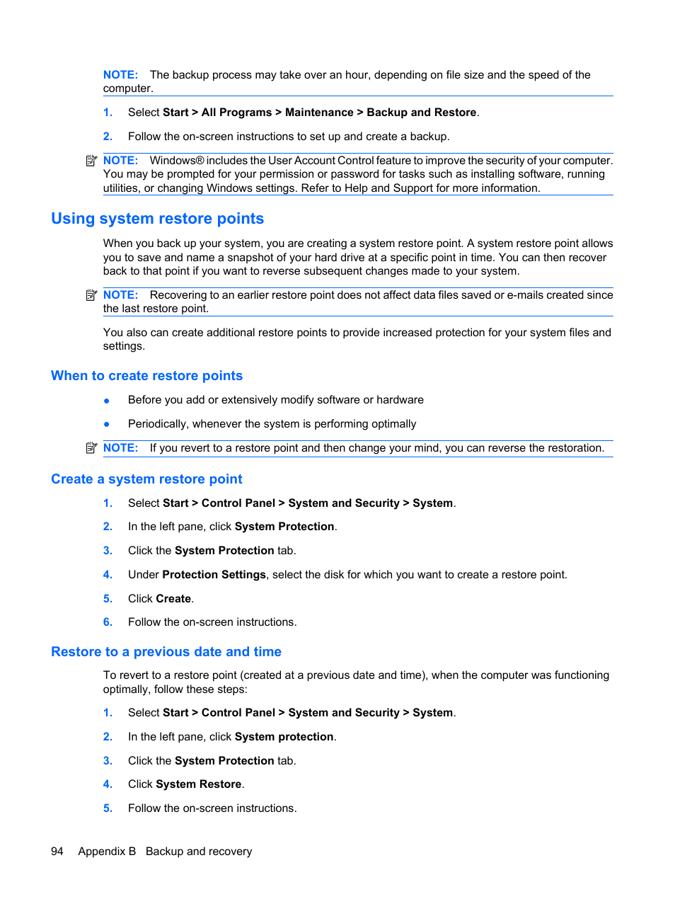 Using system restore points, When to create restore points, Create a system restore point | Restore to a previous date and time | HP Envy 15-1002xx Notebook PC User Manual | Page 104 / 112