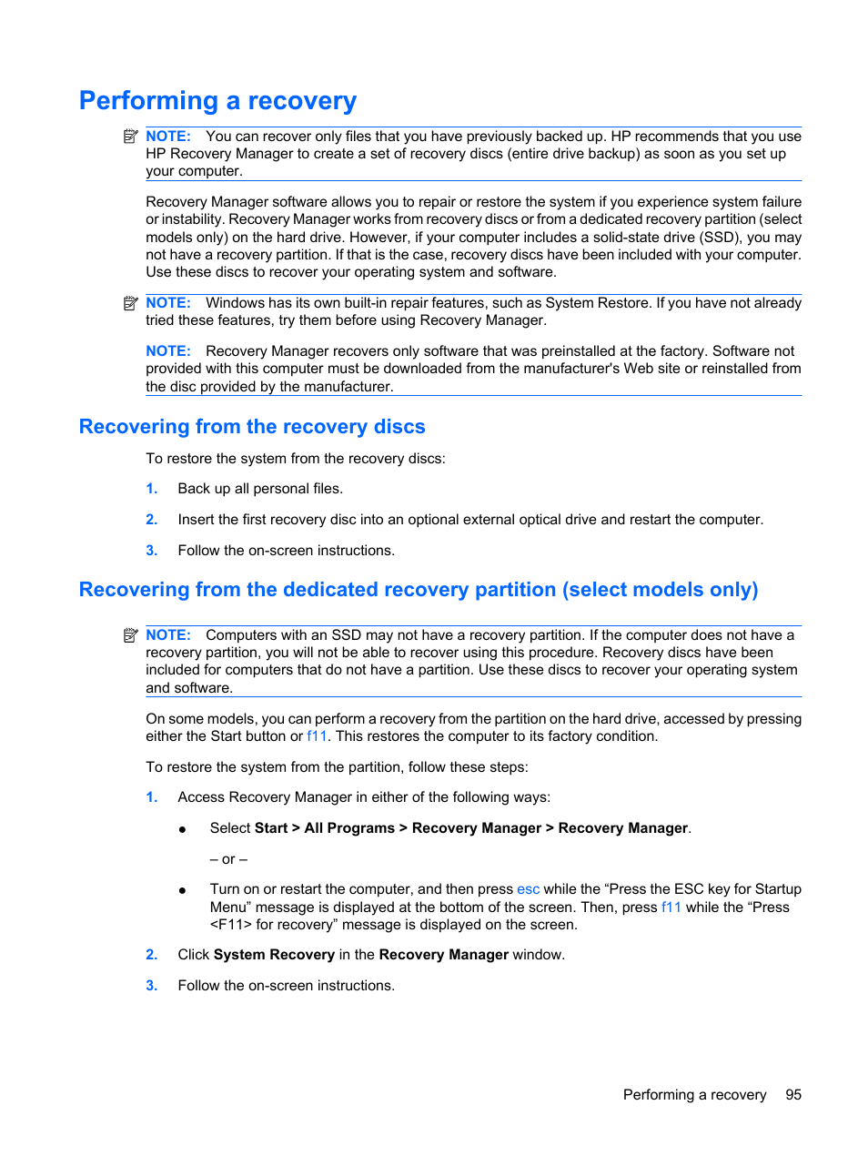 Performing a recovery, Recovering from the recovery discs | HP Envy 15-1002xx Notebook PC User Manual | Page 105 / 112