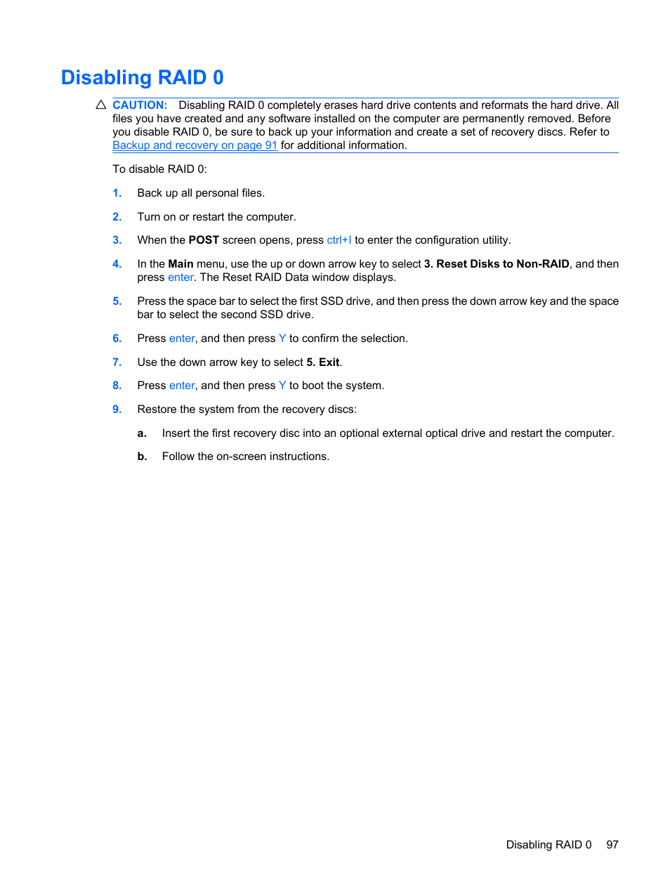Disabling raid 0 | HP Envy 15-1002xx Notebook PC User Manual | Page 107 / 112