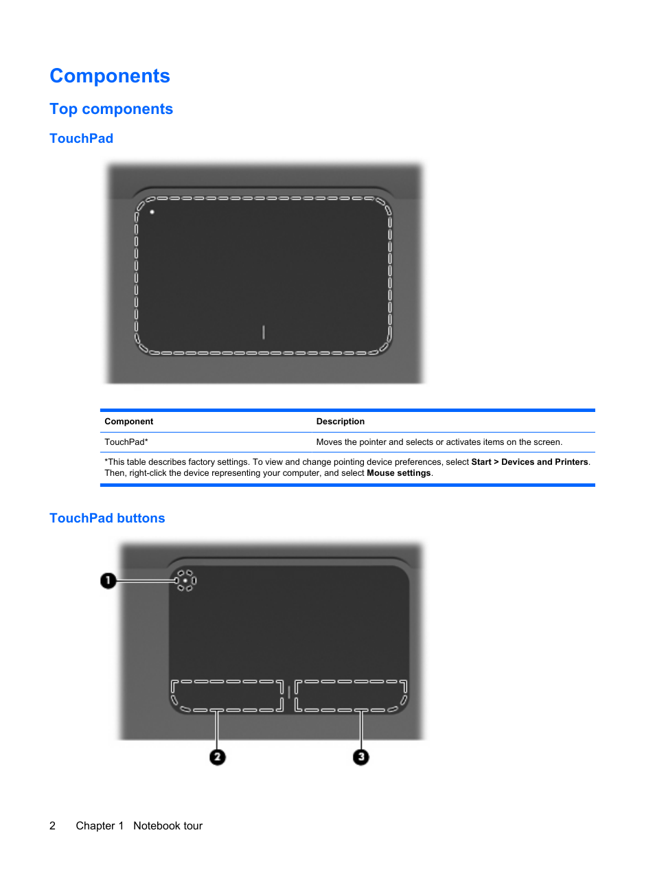 Components, Top components, Touchpad | Touchpad buttons, Touchpad touchpad buttons | HP Envy 15-1002xx Notebook PC User Manual | Page 12 / 112