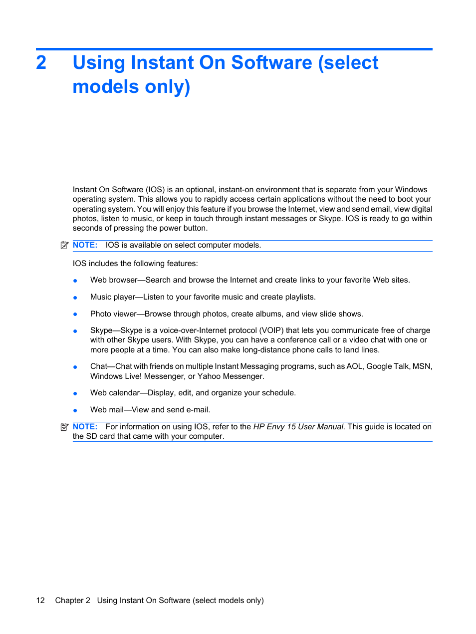 Using instant on software (select models only), 2 using instant on software (select models only), 2using instant on software (select models only) | HP Envy 15-1002xx Notebook PC User Manual | Page 22 / 112