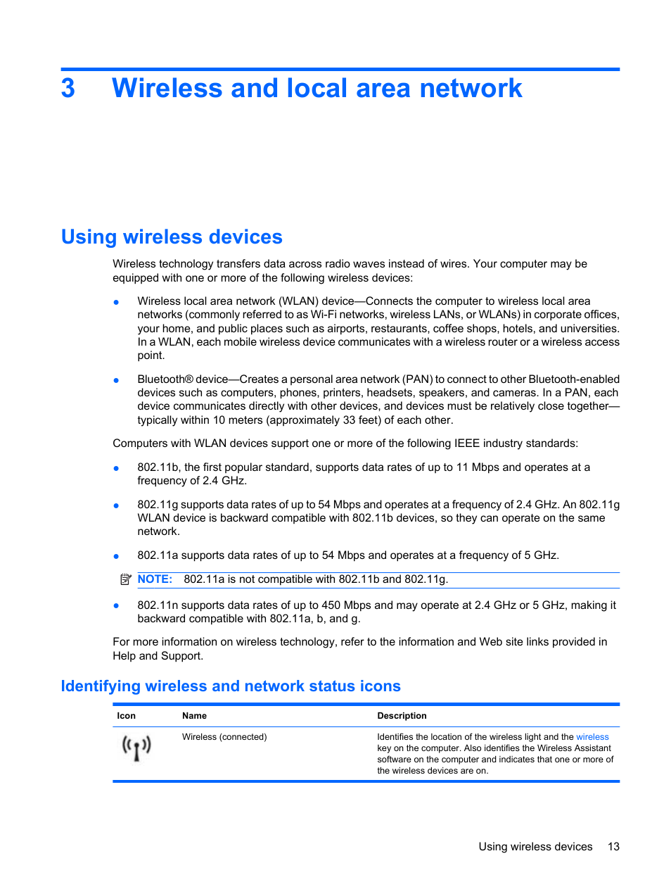 Wireless and local area network, Using wireless devices, Identifying wireless and network status icons | 3 wireless and local area network, 3wireless and local area network | HP Envy 15-1002xx Notebook PC User Manual | Page 23 / 112