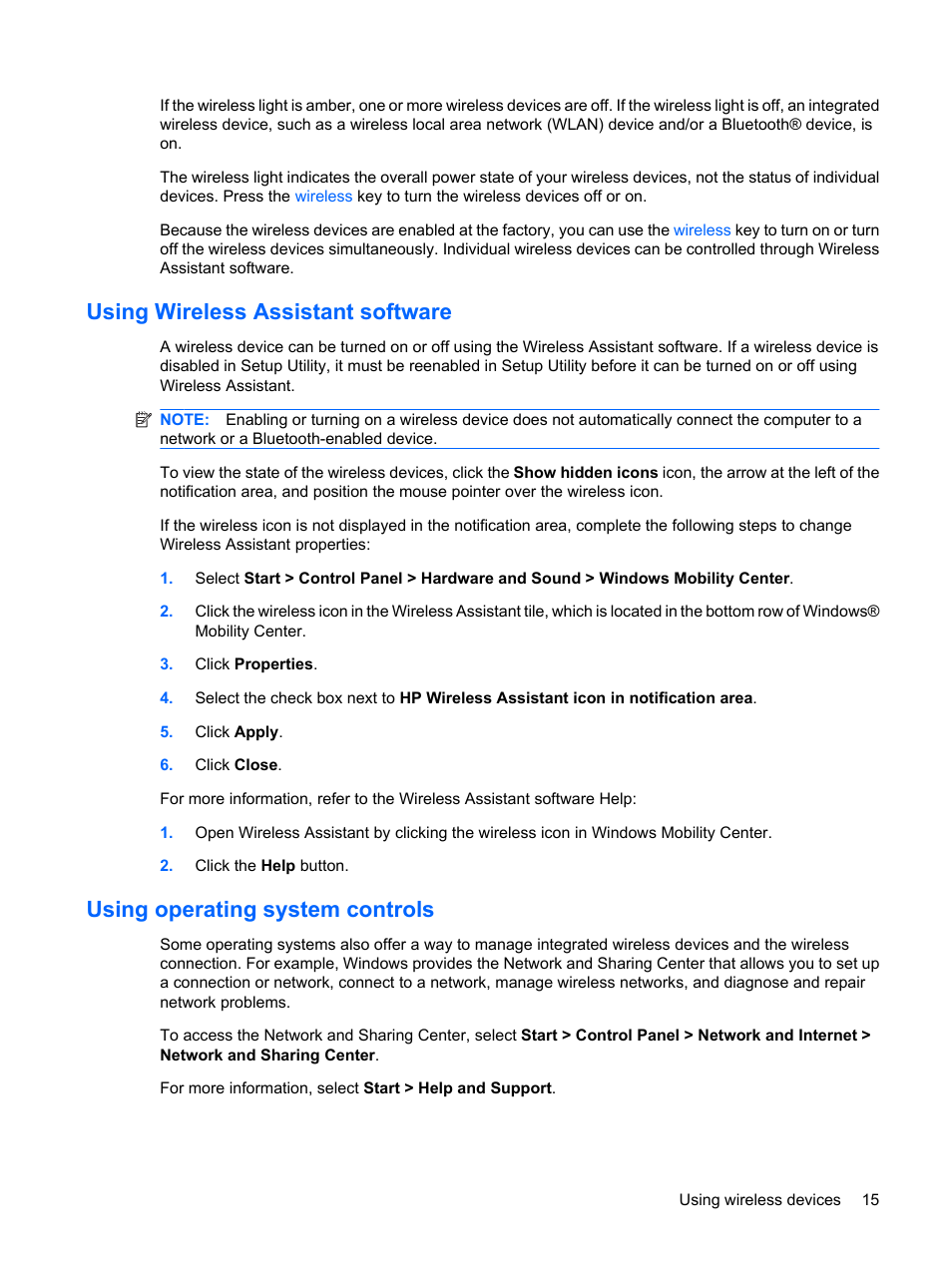 Using wireless assistant software, Using operating system controls | HP Envy 15-1002xx Notebook PC User Manual | Page 25 / 112