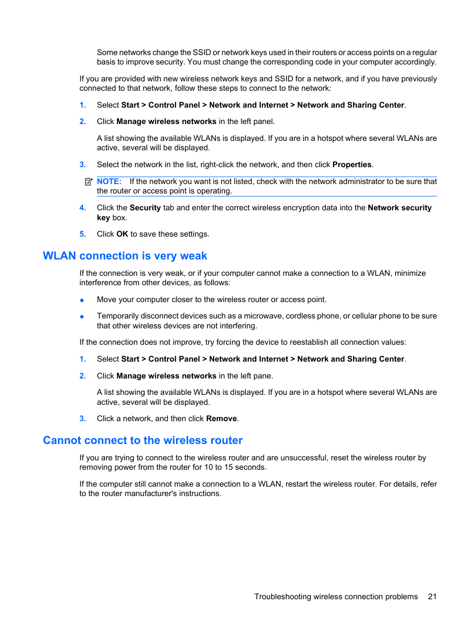 Wlan connection is very weak, Cannot connect to the wireless router | HP Envy 15-1002xx Notebook PC User Manual | Page 31 / 112