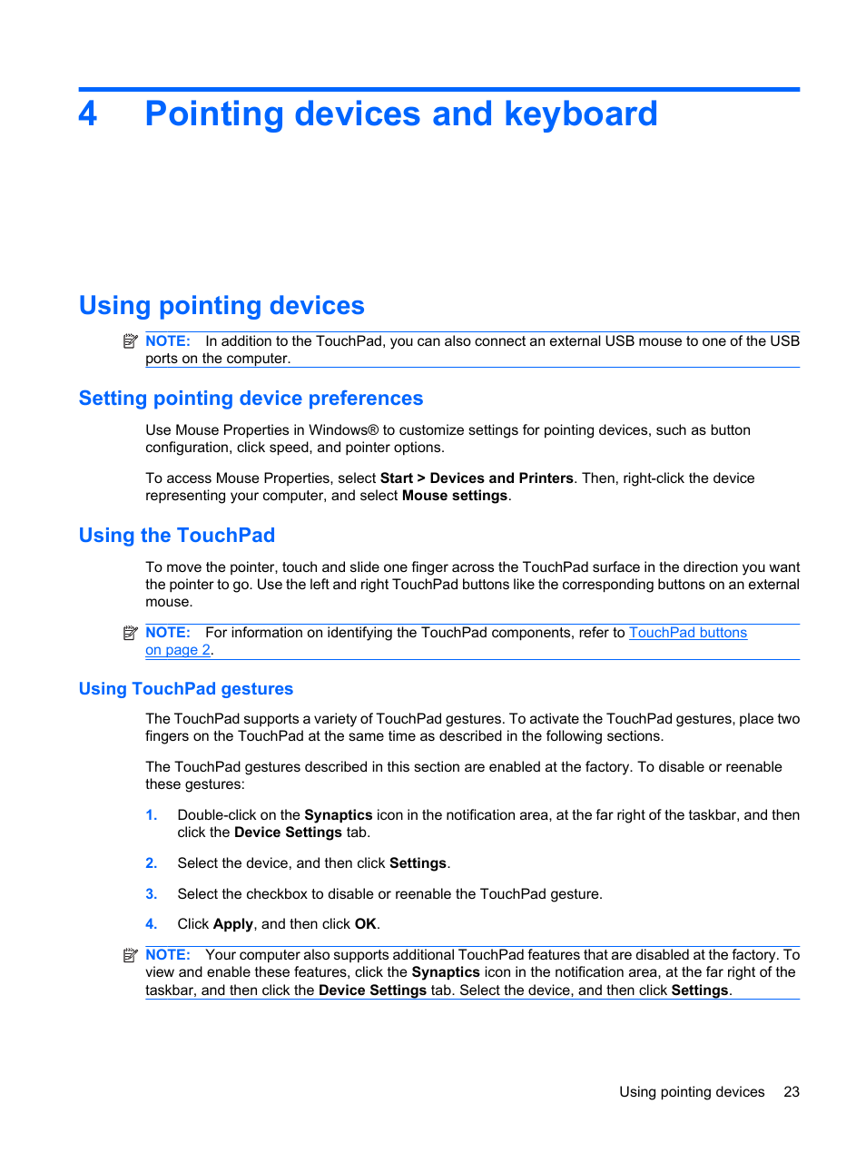 Pointing devices and keyboard, Using pointing devices, Setting pointing device preferences | Using the touchpad, Using touchpad gestures, 4 pointing devices and keyboard, 4pointing devices and keyboard | HP Envy 15-1002xx Notebook PC User Manual | Page 33 / 112