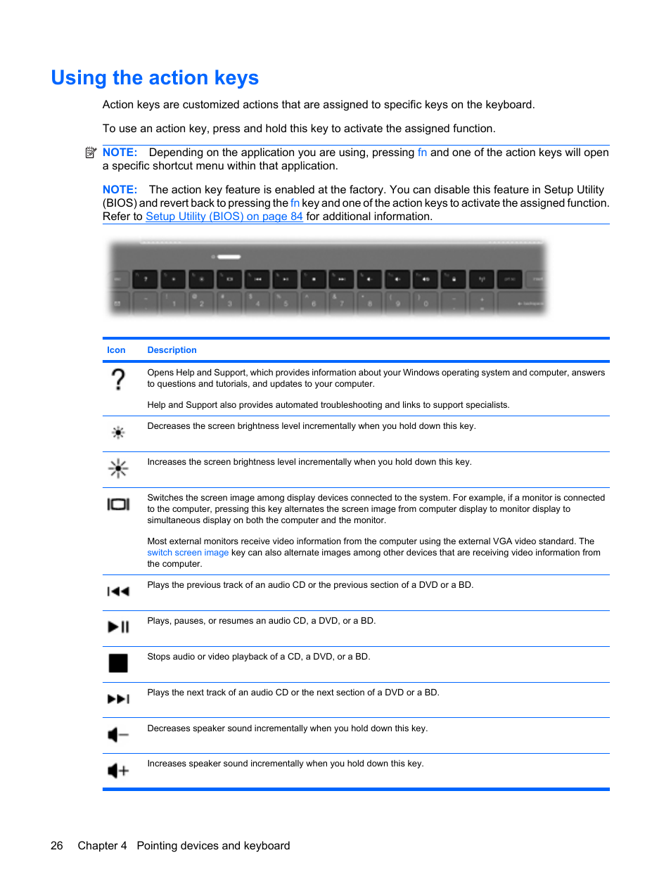 Using the action keys | HP Envy 15-1002xx Notebook PC User Manual | Page 36 / 112